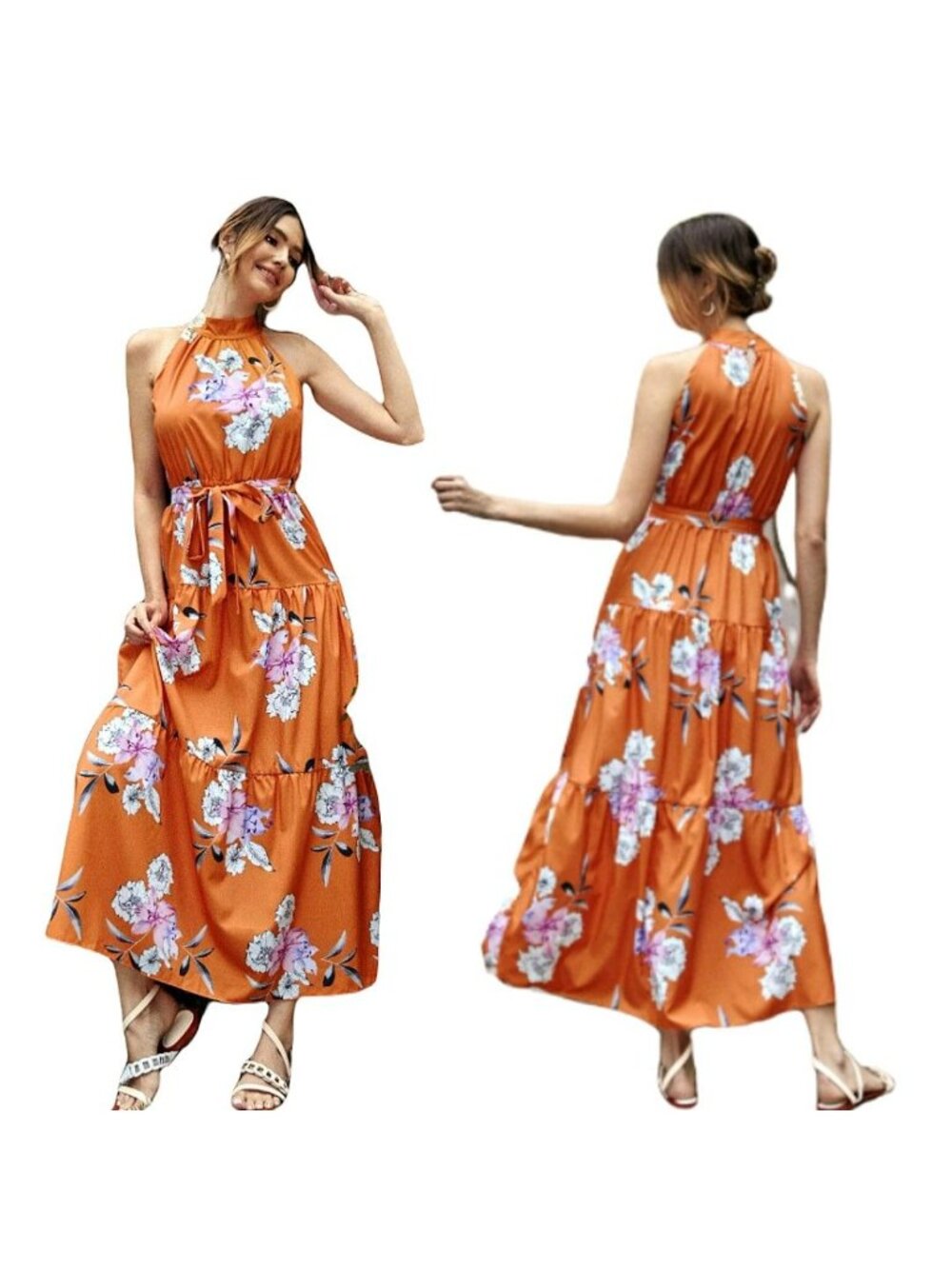 SHEIN Women's Floral Print Halter Long A-Line Dress Orange/Multi Size Medium‎ - Picture 2 of 11